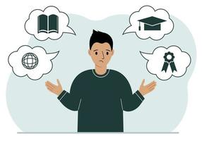 Sad man with thoughts about learning. Internet profession, higher education, stock exchange, financial literacy. Various icons about education. Vector flat illustration