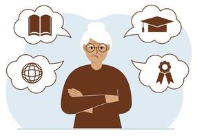 Sad grandmother with thoughts about learning. Internet profession, higher education, stock exchange, financial literacy. Various icons about education. Vector flat illustration