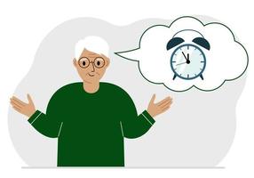 Happy grandfather with thought balloon with alarm clock. Time management, planning, organization of working time, effective business, deadline. Vector flat illustration