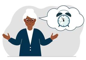 Sad grandmother with a balloon of air thoughts with an alarm clock. Time management, planning, organization of working time, effective business, deadline. Vector flat illustration