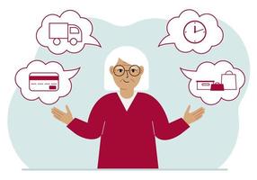 Ordering and delivery process concepts. Happy grandmother and steps of a delivery order. Payment, delivery car, waiting hours and goods and purchases. Vector flat illustration