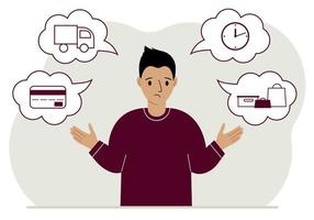 Ordering and delivery process concepts. Sad man and steps of a delivery order. Payment, delivery car, waiting hours and goods and purchases. Vector flat illustration