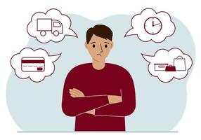 Ordering and delivery process concepts. Sad man and steps of a delivery order. Payment, delivery car, waiting hours and goods and purchases. Vector flat illustration