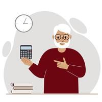 Happy grandfather holds a digital calculator in his hand and gestures, pointing with the finger of his other hand to the calculator. Vector flat illustration