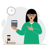 Angry screaming woman holds a digital calculator in his hand and points to the calculator with the other hand. Vector flat illustration