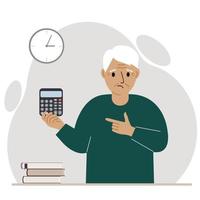 A sad grandfather holds a digital calculator in his hand and gestures, pointing with the finger of his other hand to the calculator. Vector flat illustration