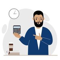 Angry screaming man holds a digital calculator in his hand and points to the calculator with the other hand. Vector flat illustration