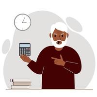 Angry screaming grandfather holds a digital calculator in his hand and points to the calculator with the other hand. Vector flat illustration