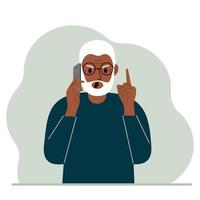 Screaming grandfather talking on a cell phone with emotions. One hand with the phone the other with a forefinger up gesture. Vector flat illustration