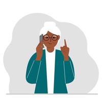 Smiling grandmother talking on a cell phone with emotions. One hand with the phone the other with a forefinger up gesture. Vector flat illustration