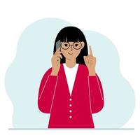 Smiling woman talking on a cell phone with emotions. One hand with the phone the other with a forefinger up gesture. Vector flat illustration