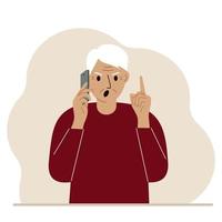 Screaming grandfather talking on a cell phone with emotions. One hand with the phone the other with a forefinger up gesture. Vector flat illustration