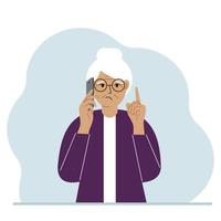 abuela triste hablando por un celular con emociones. una mano con el teléfono la otra con un gesto de dedo índice hacia arriba. ilustración plana vectorial vector