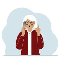 Screaming grandmother talking on a cell phone with emotions. One hand with the phone the other with a forefinger up gesture. Vector flat illustration