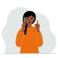 Screaming woman talking on a cell phone with emotions. One hand with the phone the other with a forefinger up gesture. Vector flat illustration