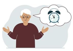 Sad grandfather with a balloon of air thoughts with an alarm clock. Time management, planning, organization of working time, effective business, deadline. Vector flat illustration