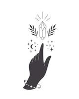 Hand with celestial mystical symbols. Mystical, esoteric or healing crystal with leaves. Linear art. vector