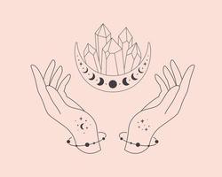 manos con símbolos místicos celestiales. cristal místico, esotérico o sanador. arte lineal. vector