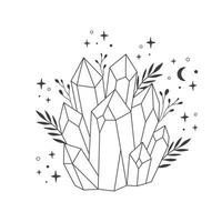 Mystical, esoteric or healing crystals with flowers, leaves. Linear art. Editable strocks vector