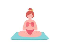 Woman meditating in swimsuit. Healthy lifestyle, yoga, relax, breathing exercise. Hello summer vector