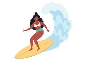 mujer negra surfeando en tablas de surf y atrapando olas en el océano. actividad de verano, hora de verano, surf vector