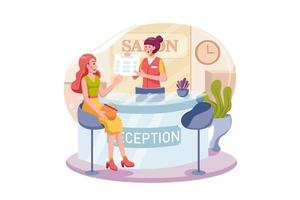 Beauty salon and spa reception. Beautiful female administrator standing at the counter vector