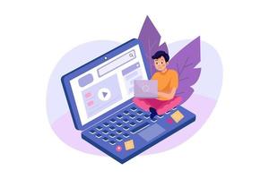 Online course with a boy searching on laptop vector