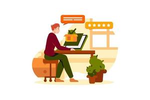 Online Store Need Rating And Review. Man giving rating and review of delivery items while sitting on the desk and working on laptop vector