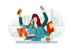 A busy female office worker has many things to do vector
