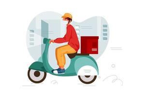 Delivery man delivers order package on a scooter vector