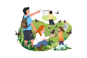 Family Catching Butterflies. A composition with young parents, children, son and daughter having fun together. Family catching butterflies with nets