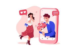 Boy gifting flower to girlfriend through an online dating app vector