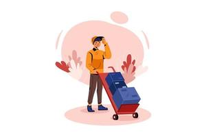 Delivery man delivers multi and heavy packages on the delivery cart Illustration vector