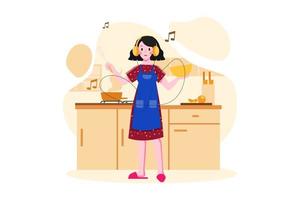 Woman listening to the podcast while cooking vector