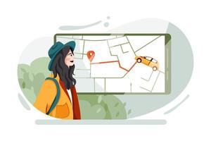 mujer localizando la ruta del taxi desde el mapa digital vector