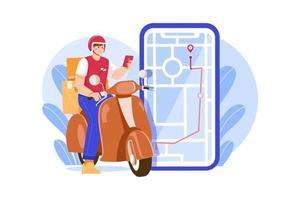 Customers ordering on the mobile application. The motorcyclist goes according to the map vector