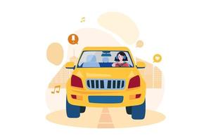 Woman listening to the podcast while driving vector