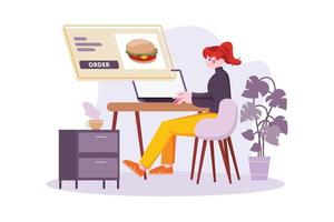 una mujer con una computadora portátil que pide comida en línea vector