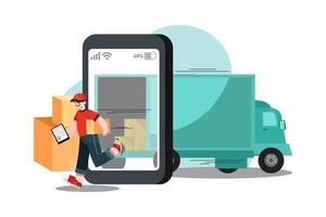 Smartphone with a delivery truck, express delivery courier holding a cardboard box vector