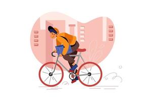 Repartidor que entrega el paquete del pedido en bicicleta para una ilustración de entrega rápida vector