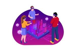 Group people touching city 3D in a virtual world. Experience metaverse concept vector