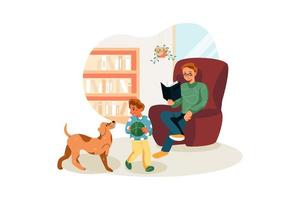 hombre leyendo un libro mientras su hijo juega con el perro vector