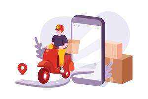 Delivery Man With Red Scooter Out Of A Mobile Phone vector