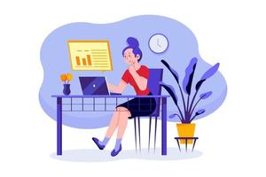 Marketing Strategy. Businesswoman thinking and plan business strategy with a laptop. vector