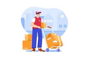 Caucasian deliveryman wheeling trolley with carton boxes vector