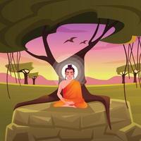 Realistic Vesak concept of meditating Buddha under a banyan tree vector