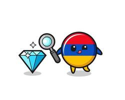 armenia flag mascot is checking the authenticity of a diamond vector