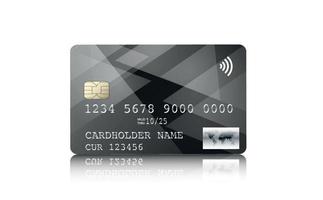 Black, glossy with a designer pattern, a plastic bank credit card with a chip on a white background. Wireless technologies. Vector illustration