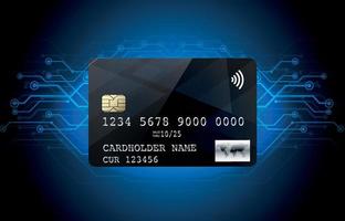 Black, glossy, plastic bank credit card with a chip on a business background of computer network lines. Wireless technologies. Vector illustration