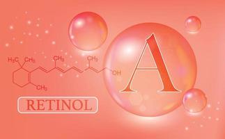 Vitamin A, retinol, water drops, capsule on a red gradient background. Vitamin complex with chemical formula. Information medical poster. Vector illustration